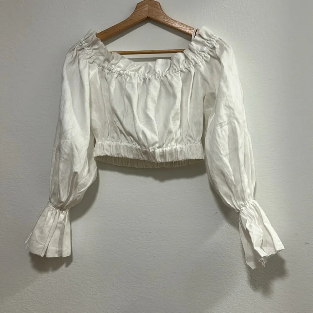 STAUD Tristan 100% Linen White Puff Sleeve Off Shoulder Crop Top Blouse X-Small